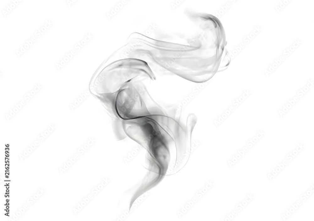 Fototapeta premium Wispy black smoke swirl on white background, ethereal steam vapor trail, abstract gray cigarette smoke plume for design overlays