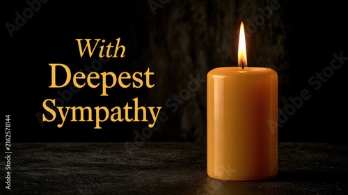 condolence card with burning candle and text with deepest sympathy