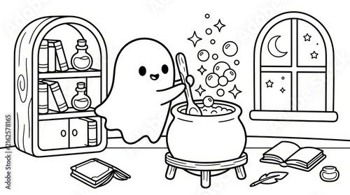 Cute Ghost Brewing Magic Potion Coloring Page for Kids
