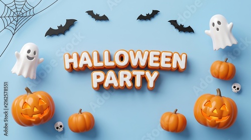 Halloween party 3 d background with pumpkins bats and ghosts