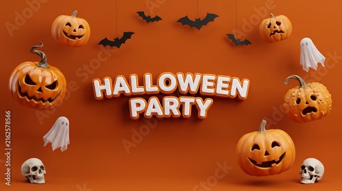 3 d halloween party background with pumpkins bats and candy