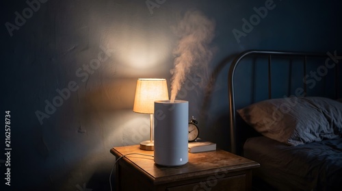 Ultrasonic humidifier emitting cool mist on a wooden bedside table in a dimly lit bedroom.