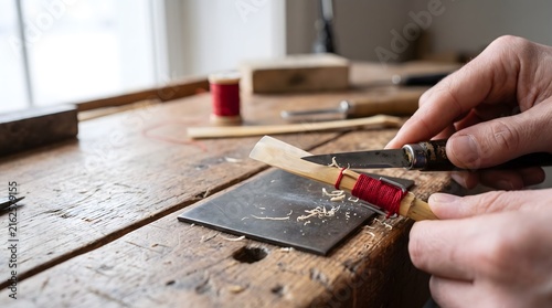 A craftsman carefully scrapes an oboe reed with a specialized knife on a wooden workbench.