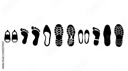 Footprints Set, Various Sizes and Styles, Illustrating a Journey or Progression Featuring Steps, Track