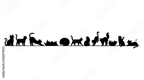 Cats Silhouettes Line, Diverse Feline Poses Illustration, Black Vector Design, Animal Pattern