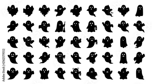 Ghosts Set, Various Poses and Expressions, Halloween Vector Icons. Spooky Silhouettes, Festive Design Elements