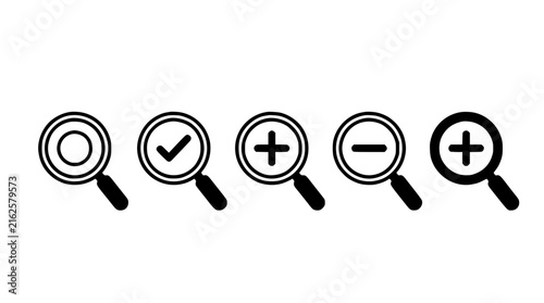 Magnifying Glasses Icons Set with Checkmark, Plus, and Minus Symbols. Vector Illustration, Design Elements