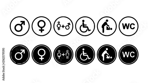 Restroom Icons Set with Male, Female, Unisex, Accessibility, and Disabled Symbols
