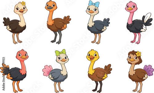 Cute cartoon ostrich vector set featuring happy baby emu characters with hair bows and flowers for children nursery design and commercial illustration