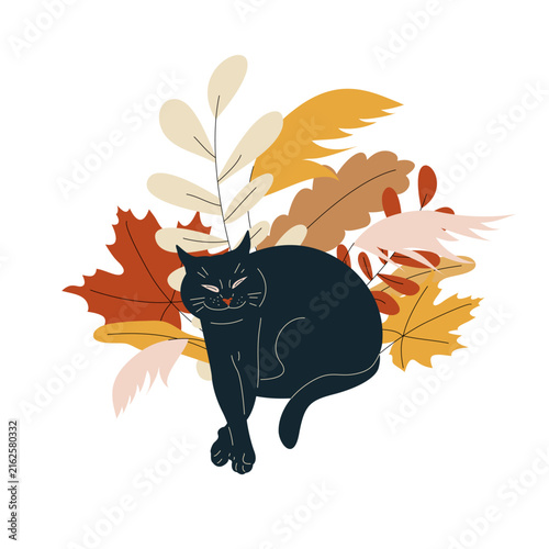 Cozy autumn illustration of black cat relaxing among warm fall leaves and botanical foliage on white background