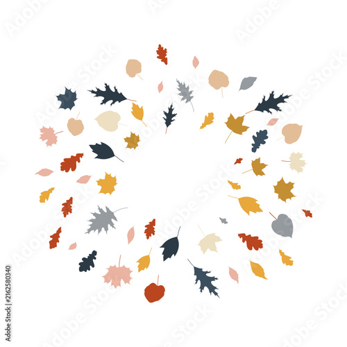 Circular frame of colorful falling autumn leaves with copy space on white background. Modern aesthetic botanical border for seasonal designs and templates
