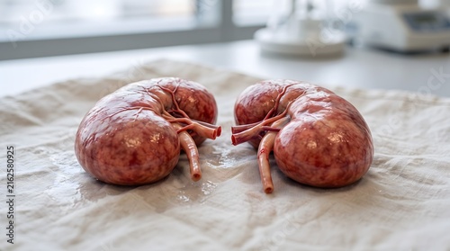 A pair of human kidneys prepared for transplant lying on a sterile cloth in a clinical laboratory.