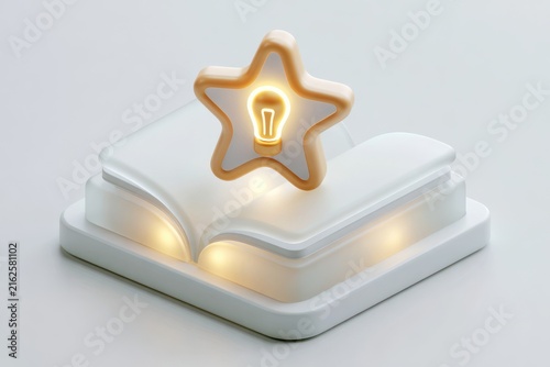 Open book with glowing pages representing knowledge and learning, surmounted by a star containing a bright light bulb for ideas and success
