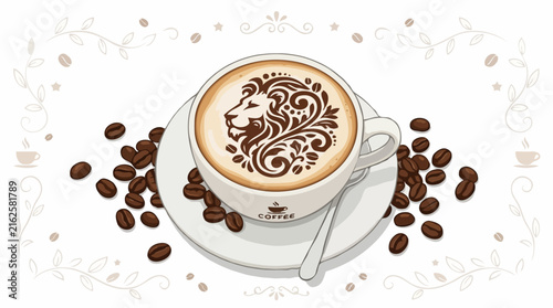 A cup of coffee with latte art in the shape of a lion, surrounded by coffee beans. The background is white with decorative floral elements and coffee cup icons