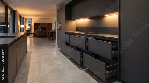 Exhibit spacious dark minimalist kitchen featuring open sliding drawers and bright living area background