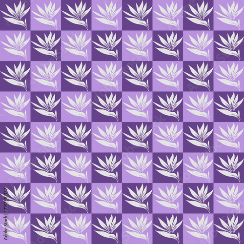 Title: Hand drawn bird of paradise flower seamless pattern on purple checkered background, vector art