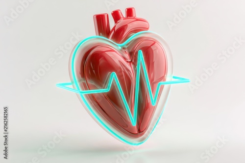 Human heart model, a vital organ, displaying a glowing electrocardiogram pulse line, symbolizing health, cardiology, and life