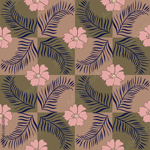 Elegance pink flower and fern leaves seamless pattern on brown check background, modern vector