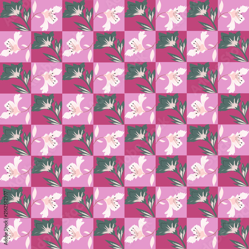 Vintage floral bouquet seamless pattern on pink and purple checkerboard background, stylish vector