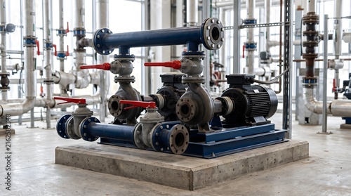 Industrial pump skid with electric motors and red butterfly valves on a concrete base in a district heating plant room.