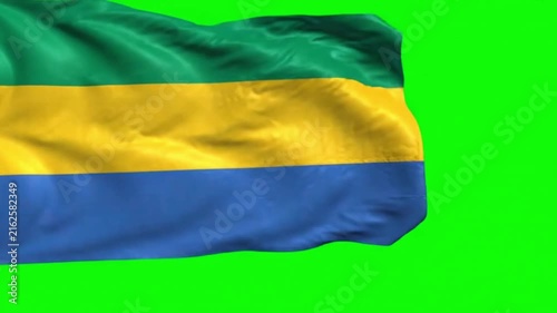 Gabon Flag Waving in the Wind on Green Screen Background, Gabonese National Flag Chroma Key