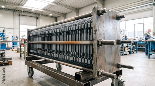 Electrolyser stack for green hydrogen production clamped between steel plates on a trolley in a factory hall.