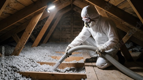 Technician in protective suit blowing cellulose insulation into residential attic joists