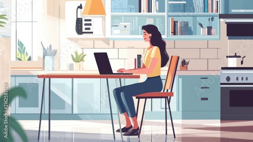 Serene digital nomadism: A woman seamlessly blending work and home in a stylish kitchen