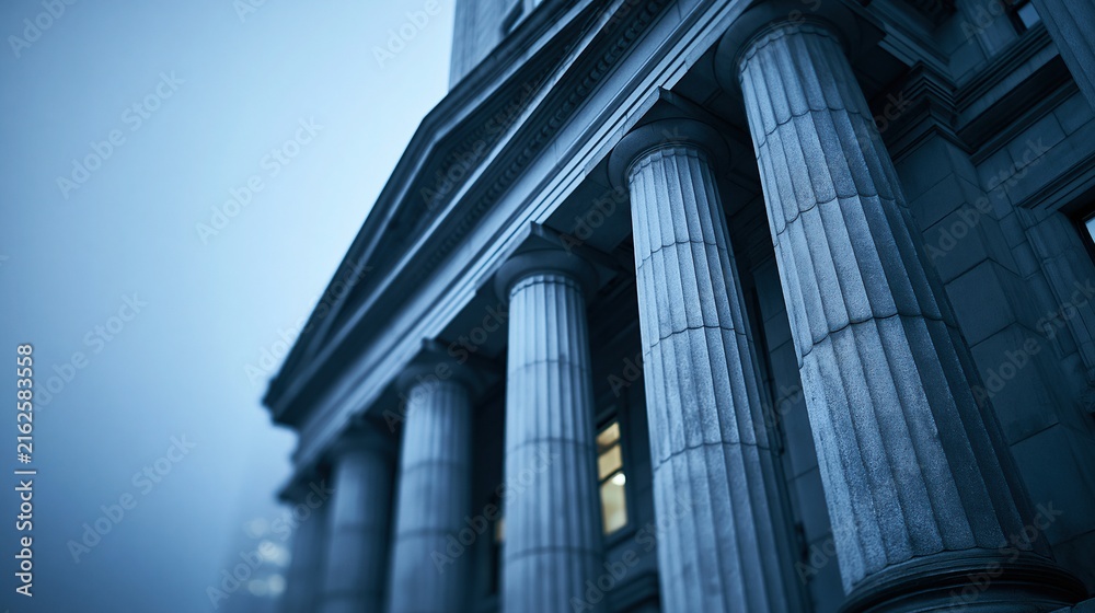 Naklejka premium Low angle view of classical building columns against blue sky