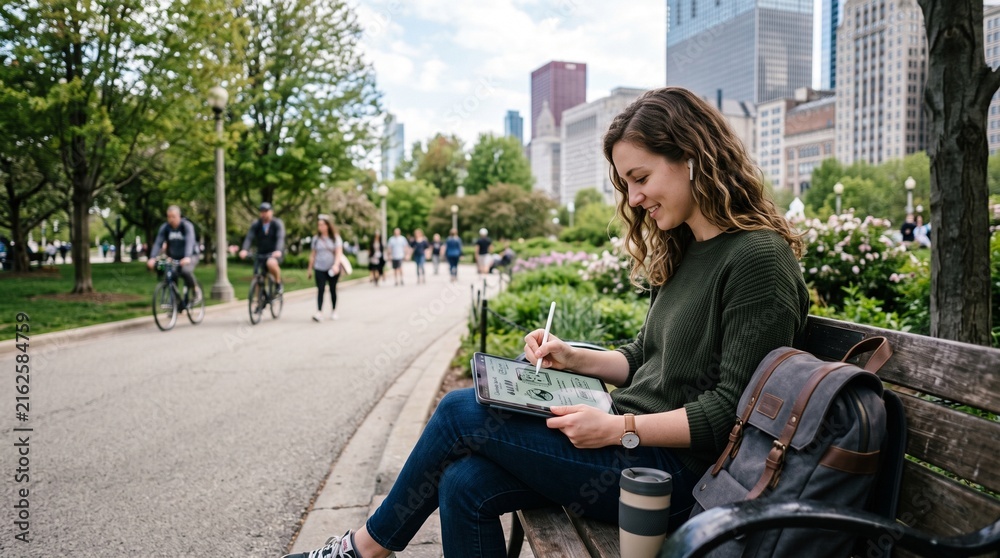 Fototapeta premium Young woman sketching on a digital tablet with a stylus while sitting on a park bench in a big city.