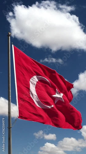 Turkey Flag Waving in a Bright Blue Sky - Cinematic National Pride, Crescent - Star Fluttering in the Wind power energy 