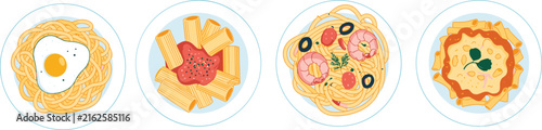 Delicious Italian pasta dishes set with spaghetti, rigatoni, carbonara, and seafood top view vector illustration isolated on white background.