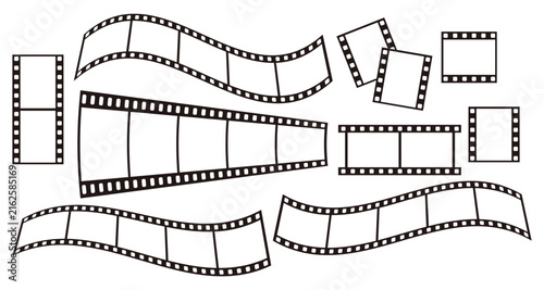 Film Strip Frames Set. Movie Negative Strips And Blank Photo Placeholder Template. Curved and Wavy Ribbon Cadre Collection. Vector Illustration. Isolated On White Background.