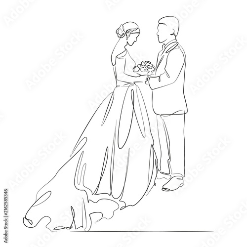 One continuous line drawing on white isolated background. Minimalism linear illustration. bouquet, wedding, marriage, bride, groom, love, couple, person, romantic, dress