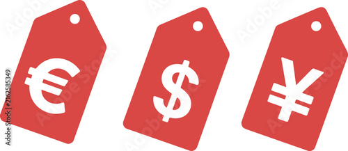 Red price tag icons set with euro dollar yen currency symbols vector illustration isolated on white background.
