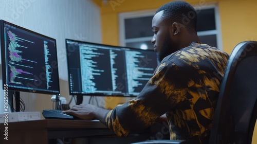 programmer working on computer with multiple screens