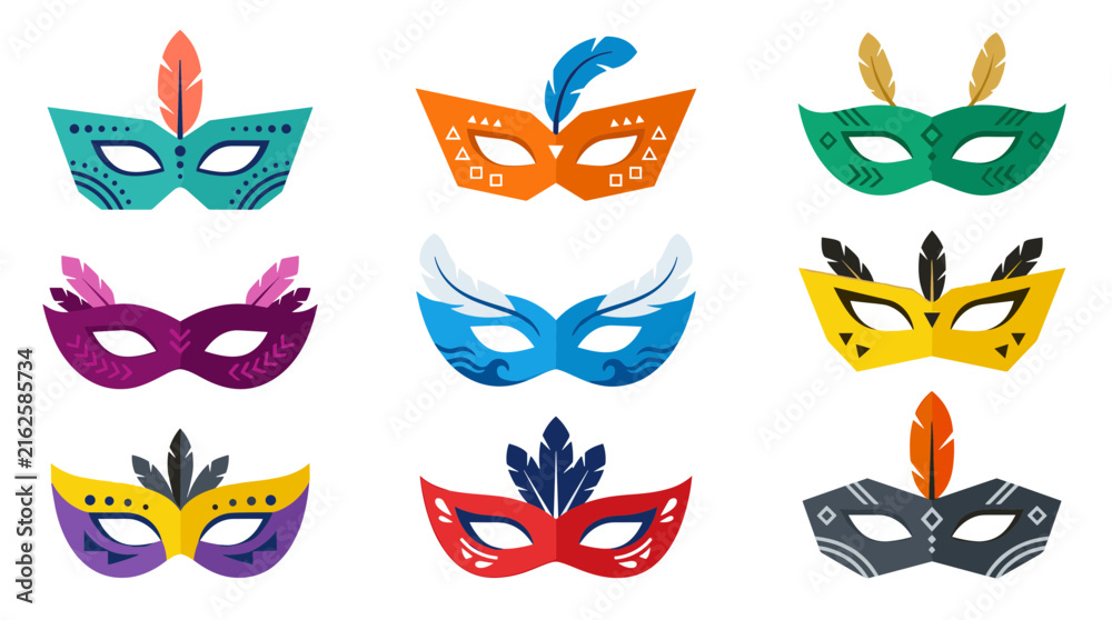 Naklejka premium Carnival mask set, 9 party icons, EPS isolated on White Background