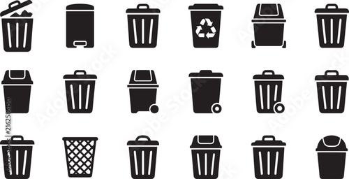 Trash can and garbage bin icons set black silhouette for web UI