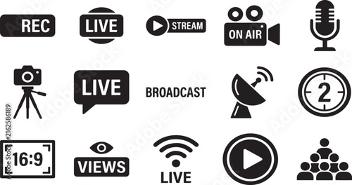 Live stream broadcast icons set in black silhouette for video content