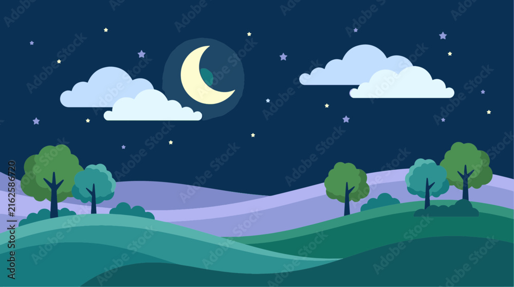 Obraz premium Flat vector illustration of a peaceful night landscape featuring a yellow crescent moon, twinkling stars, and fluffy white clouds over rolling green hills and silhouetted trees.