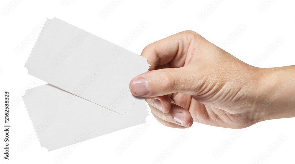 Obraz premium Hand holding two blank tickets, isolated on transparent cutout background