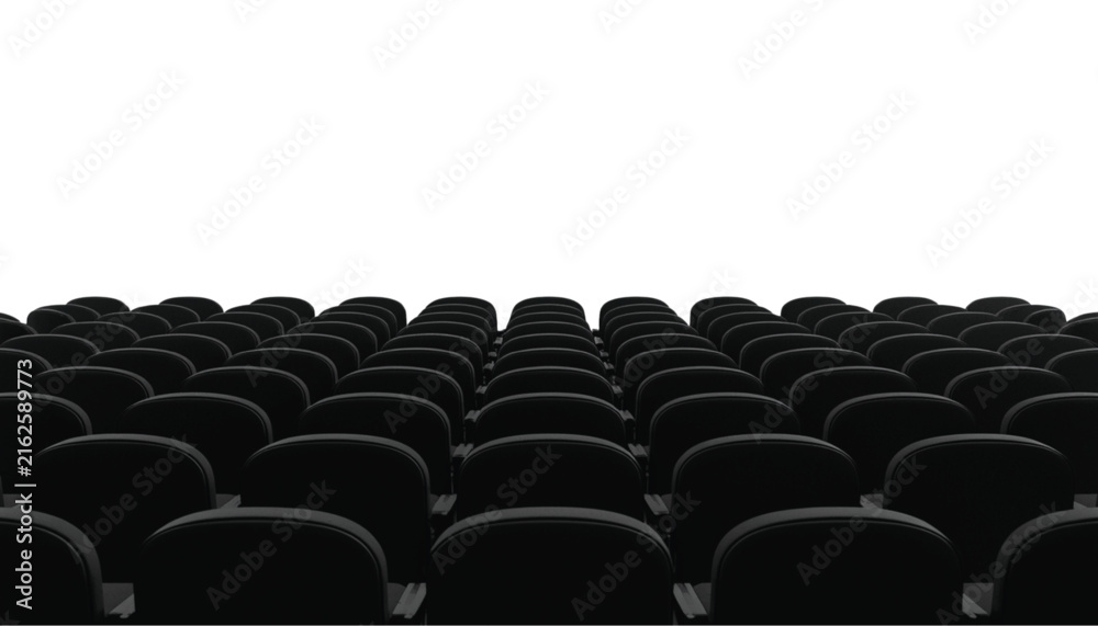 Obraz premium Rows of empty black theater seats create a symmetrical pattern on a white background, waiting for an audience to arrive for a performance or presentation event.