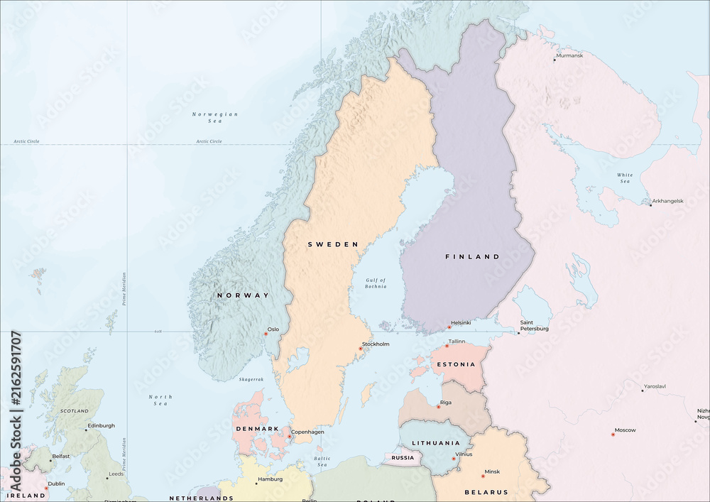 Fototapeta premium Highly Detailed Political and Physical Map of Sweden with Shaded Relief and Neighboring Countries