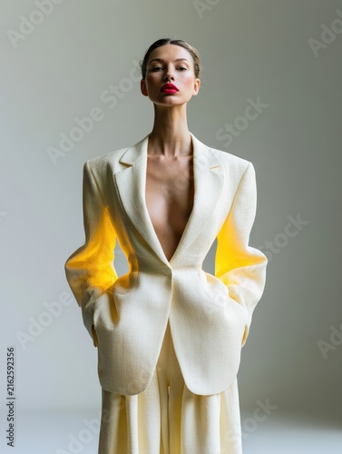 Stylish Yellow Fashion Model in Haute Couture Day Dress