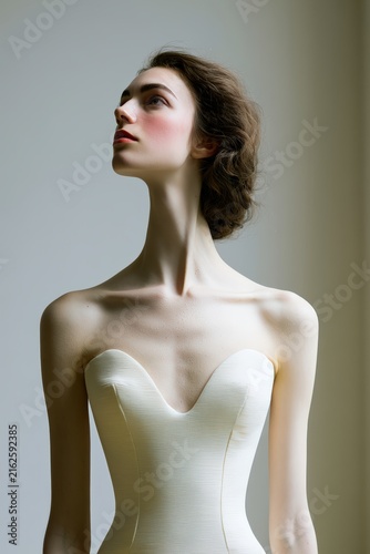 Elegant Strapless Wedding Dress on Fashion Model Displaying Shoulders