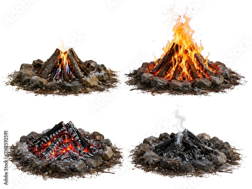 Four stages of a campfire, from initial wood arrangement to roaring flames, glowing embers, and dying smoke, isolated on a white background