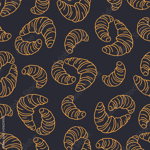 Cottage core croissants doodle icons seamless pattern on dark blue background. Cozy rustic pastry line art wallpaper vector