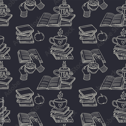 Line art tea cup standing on stack of books and hands holding mugs black and white seamless pattern. Cozy reading time repeat background