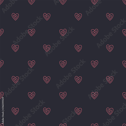 Hand drawn pink hearts doodle icons seamless pattern on dark blue background. Romantic line art wallpaper vector
