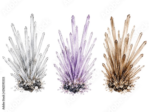 Three clusters of raw natural gemstone crystals including clear quartz, amethyst, and smoky quartz isolated on a plain white background